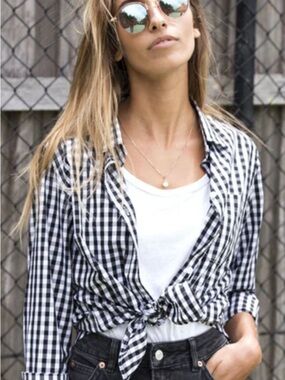 J. Crew Factory Black & White Gingham Tie-Front Button-Down Shirt Size S